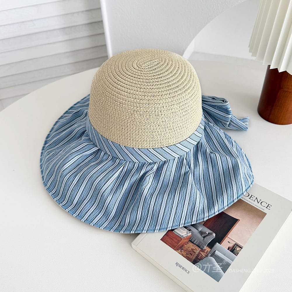 竖Striped 拼接Straw Hat-(推荐款) - Straw Hat Women | Summer Beach Sun Hat | Woven Travel Cap - Image 4