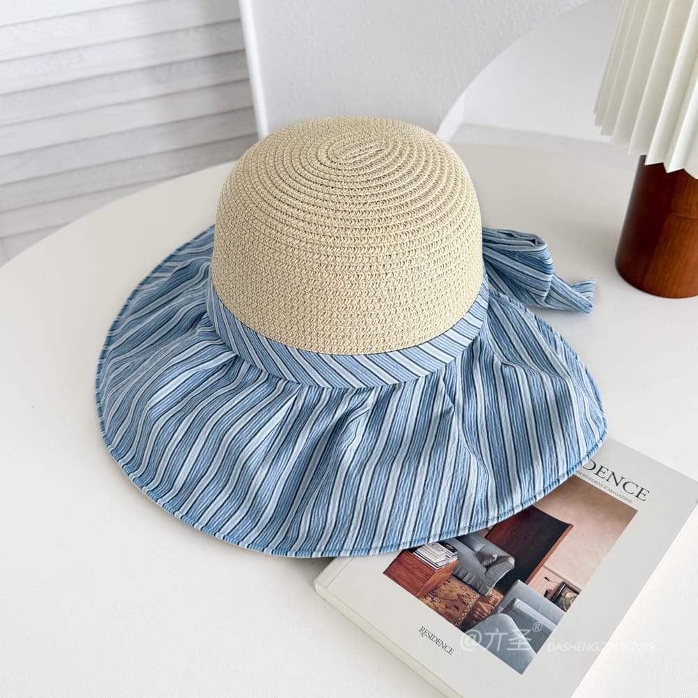 竖Striped 拼接Straw Hat-(推荐款) - Straw Hat Women | Summer Beach Sun Hat | Woven Travel Cap - Image 3