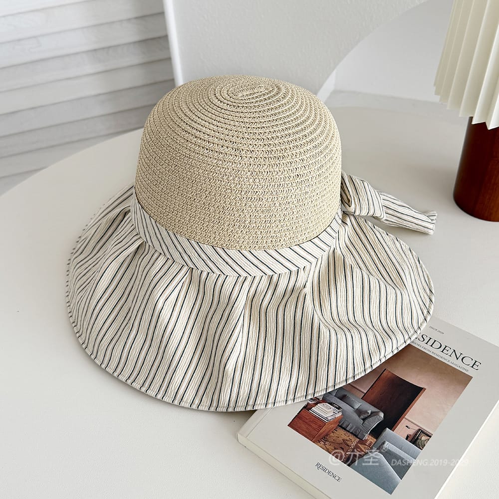 竖Striped 拼接Straw Hat-(推荐款) - Straw Hat Women | Summer Beach Sun Hat | Woven Travel Cap - Image 6