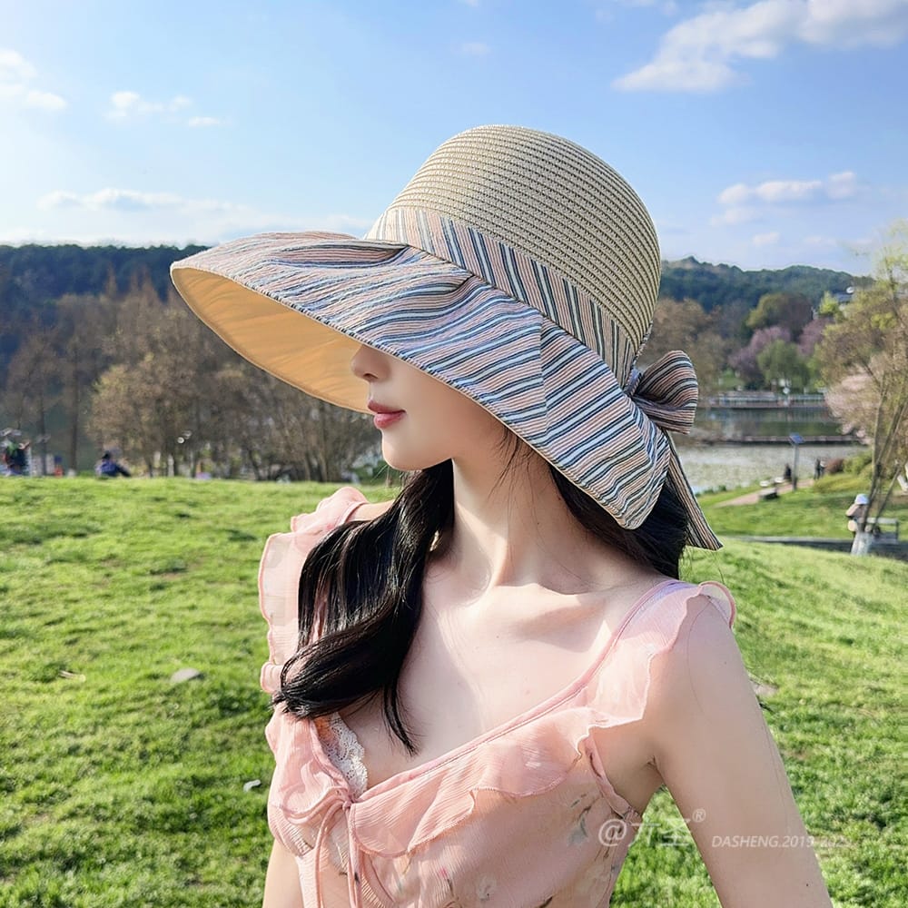 竖Striped 拼接Straw Hat-(推荐款) - Straw Hat Women | Summer Beach Sun Hat | Woven Travel Cap - Image 24
