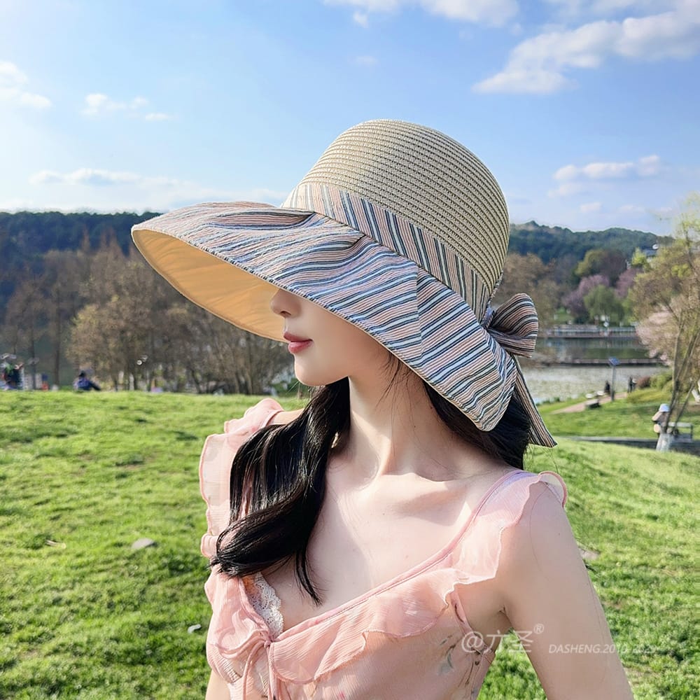 竖Striped 拼接Straw Hat-(推荐款) - Straw Hat Women | Summer Beach Sun Hat | Woven Travel Cap - Image 23