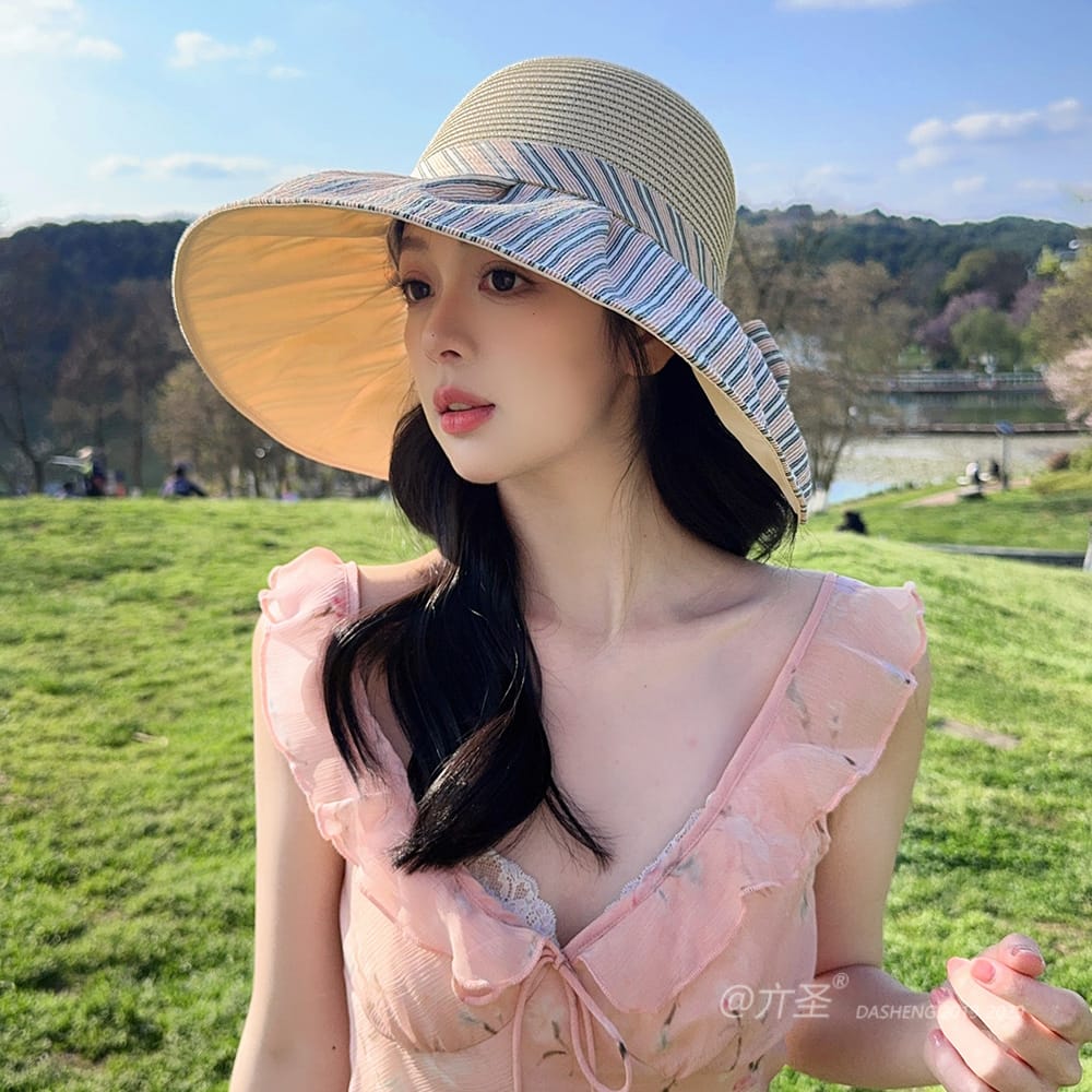 竖Striped 拼接Straw Hat-(推荐款) - Straw Hat Women | Summer Beach Sun Hat | Woven Travel Cap - Image 31