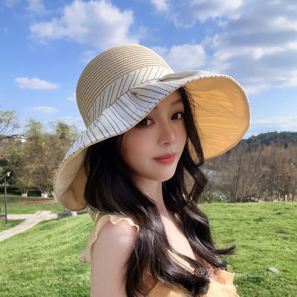 竖Striped 拼接Straw Hat-(推荐款) - Straw Hat Women | Summer Beach Sun Hat | Woven Travel Cap - Image 35