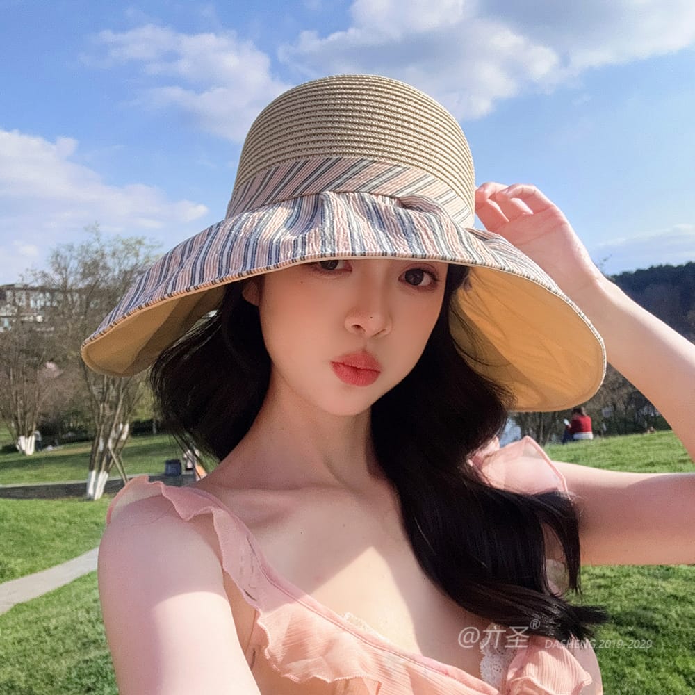 竖Striped 拼接Straw Hat-(推荐款) - Straw Hat Women | Summer Beach Sun Hat | Woven Travel Cap - Image 38