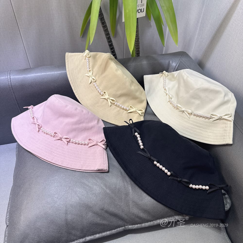 Pearl Bow Bucket Hat - Women Summer Bucket Hat | Unisex Travel Sun Hat | Cotton Beach Cap